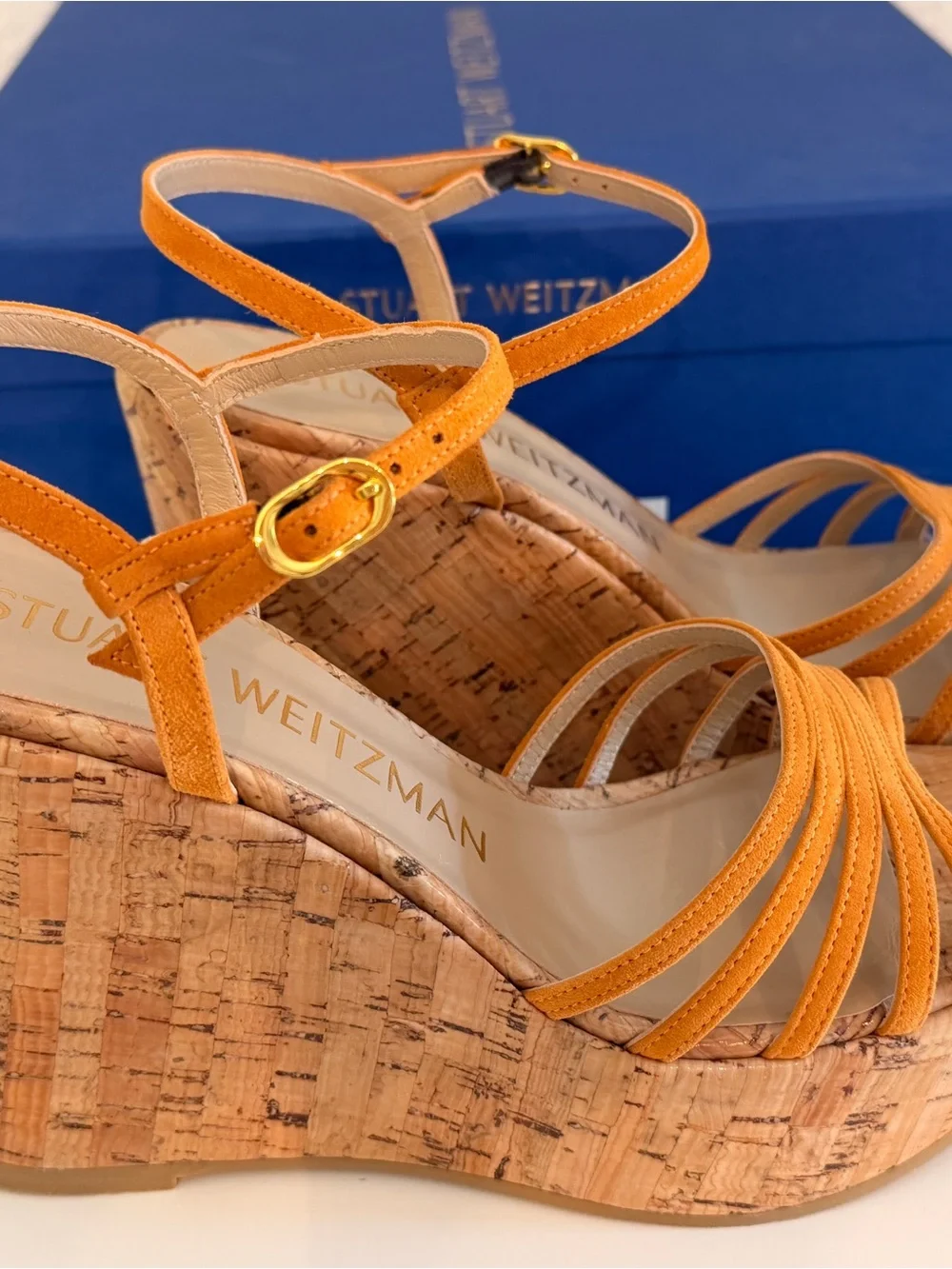 Stuart Weitzman Soiree Orange Suede Cork Wedge Sandals